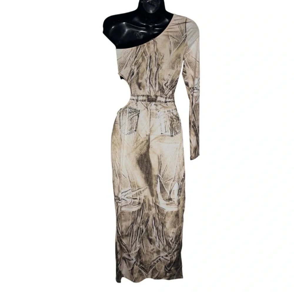 PrettyLittleThing- Midi Dress One-Shoulder Abstract Cut Out Taupe- US 8 NWT - Picture 5 of 6